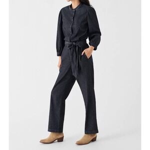 Faherty Women Dark Wash Denim Long Sleeve Button Front Belted Jumpsuit Small